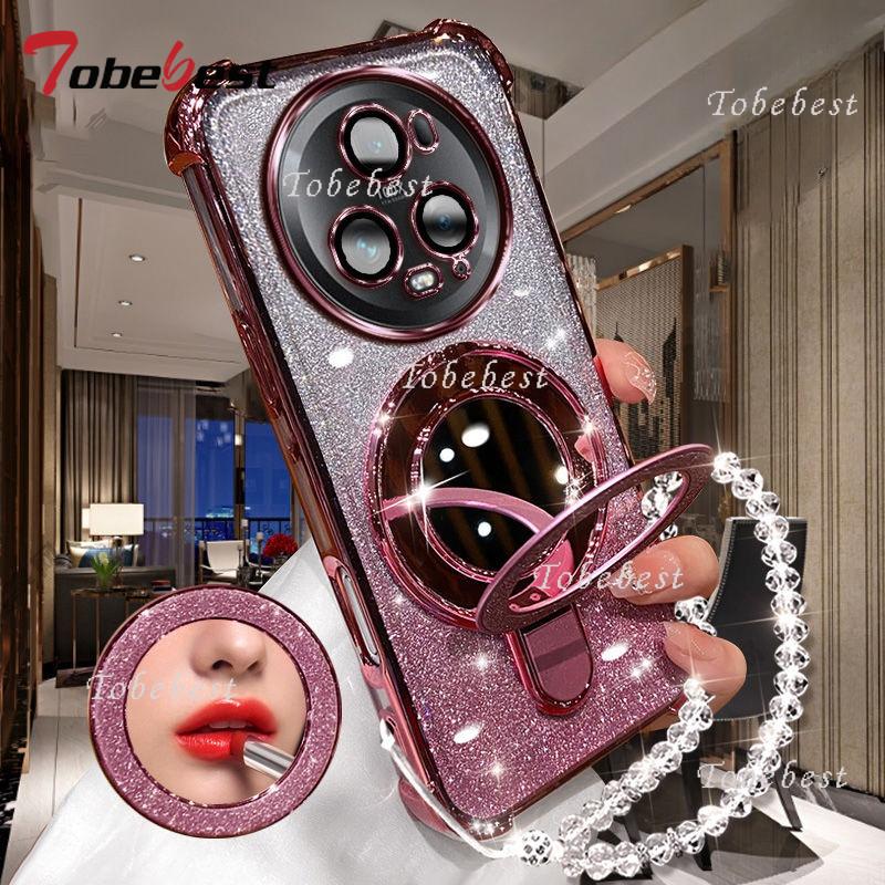 For Huawei Honor Magic 7 Lite 6 5 4 3 Pro Case Glitter Plating Makeup Mirror Magnetic Phone Holder Bracelet Cover