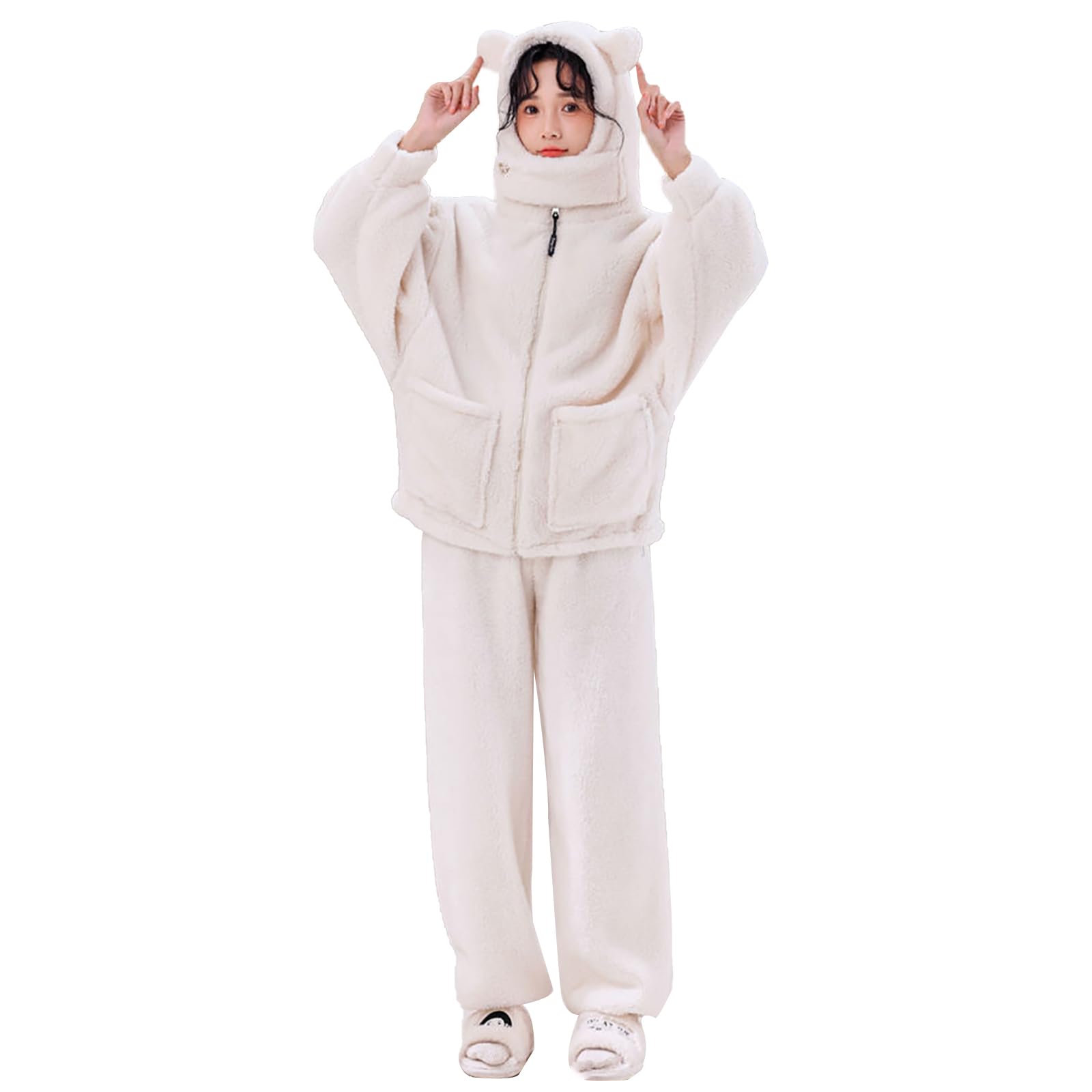 

LAVASEON Winter Pajama Cute Animal Print with Bear Warm and Fun Open Fleece and Comfortable Loungewear for Fall and Winter Women s Set, Fluffy, Ears,