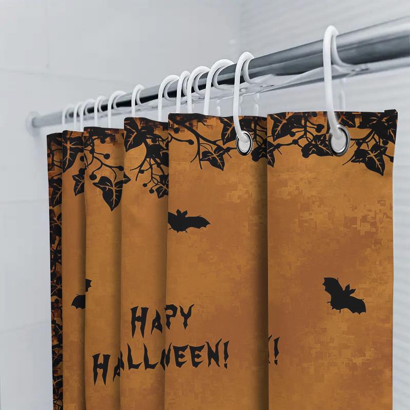 Halloween Decor Shower Curtain With Black Cats Bats Printing Orange Fabric Shower Curtains For Home Decoration