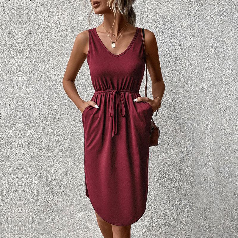 Abito estivo da donna senza maniche tinta unita con scollo a V e lacci