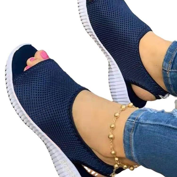 2021 Summer New Women's Mesh Knit Fishmouth Sandals with Thick Sole, Plus Size, Slip-On