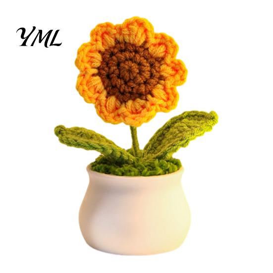 Handmade Yarn Flower Crochet Potted Decoration, Knit Artificial Sunflower Desktop Hand Knitted Plant Decor, Gift for Women, Mom, Teacher, Friend,