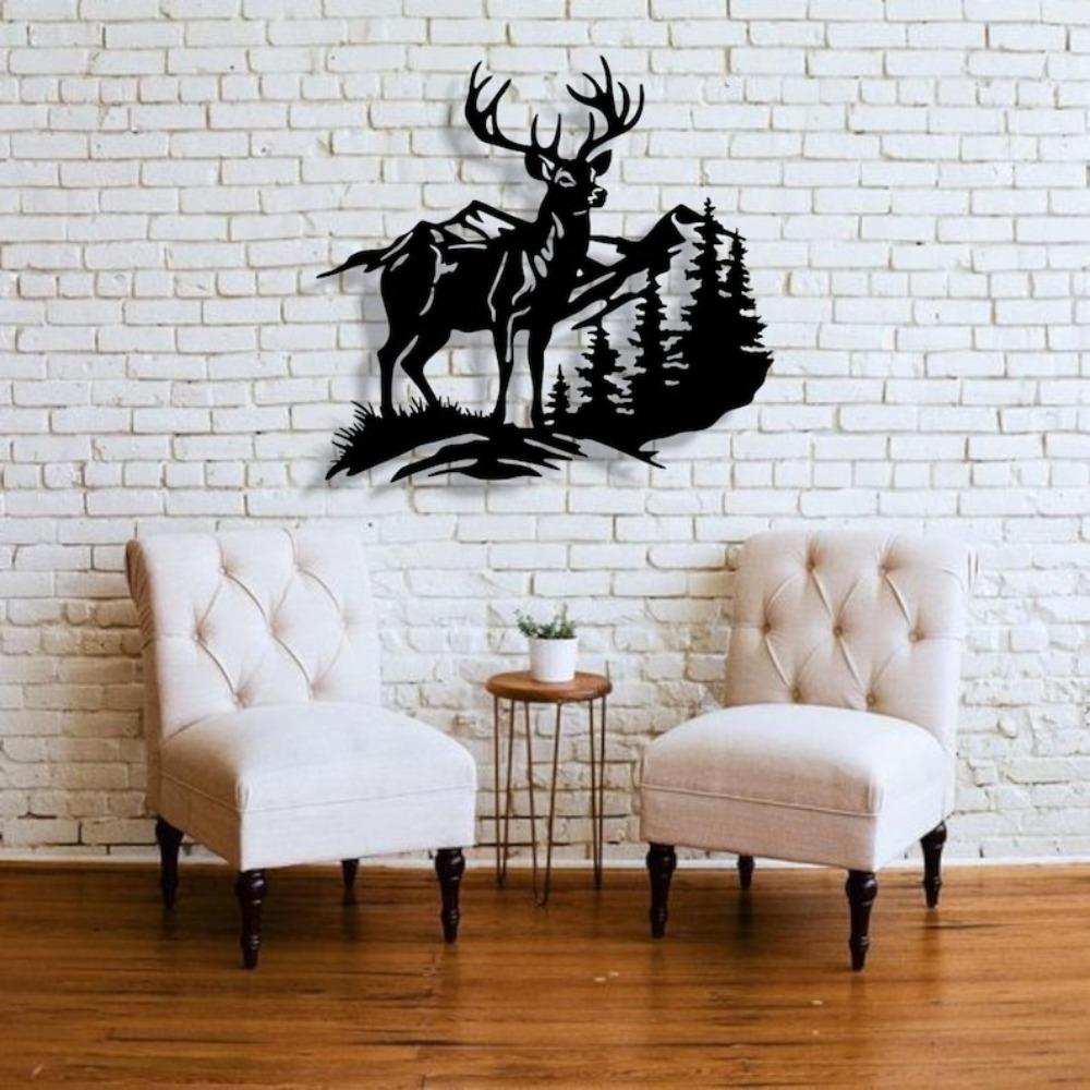 Forest Wildlife Metal Wall Art Deer Mountain Silhouette Steel Sculpture Home Decor