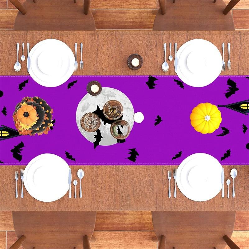 1pc Purple Halloween Table Runner with Castle Ghost Pattern Dustproof Durable Tablecloth for Halloween Dining Room Decoration