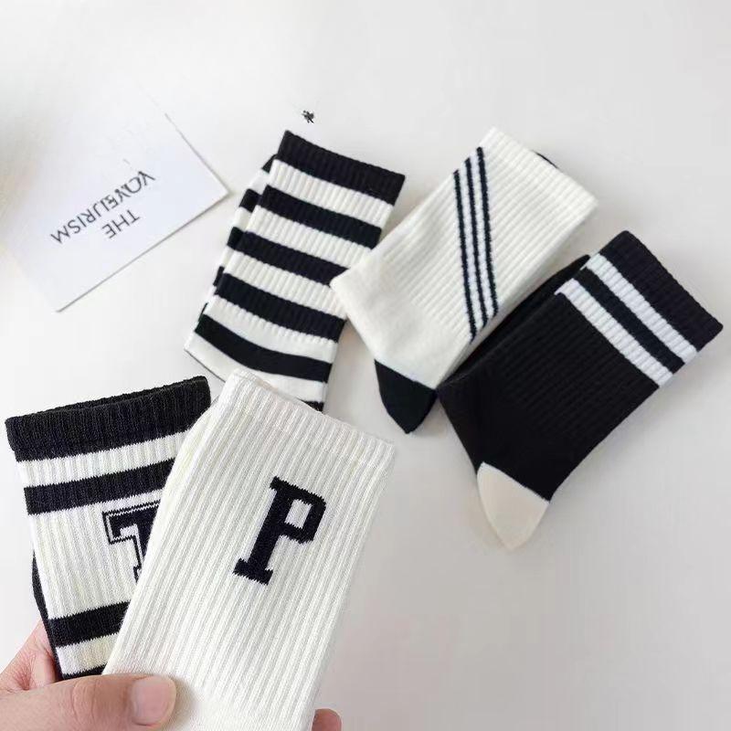 5 Pairs of Trendy Socks, Striped Letter PT Mid-calf Socks, Women's Breathable and Sweat-absorbing Cotton Socks