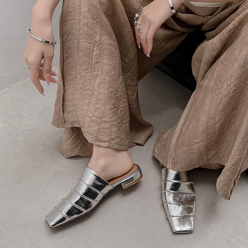 Fashion Women's Genuine Leather Square Toe Slip-on Flats Summer Slippers Soft Comfortable Casual Female Outdoor Mules 2025 New Sandals