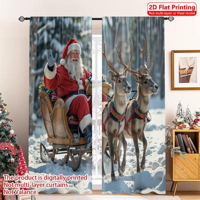 2pcs 2D Flat Printing Christmas Scene Curtain Santa Sleigh Reindeer Snow 100% Polyester Fabric Without Electricity Family Party