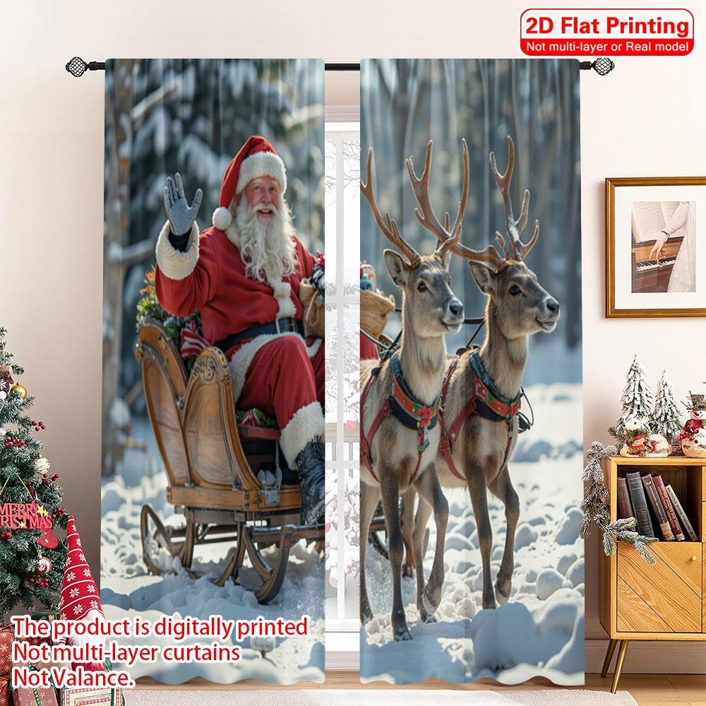 

2pcs 2D flat printing Christmas Scene Curtain Santa Sleigh Reindeer Snow 100% Polyester Fabric Without Electricity Family Party 52.50×116.00 CM 2pcs