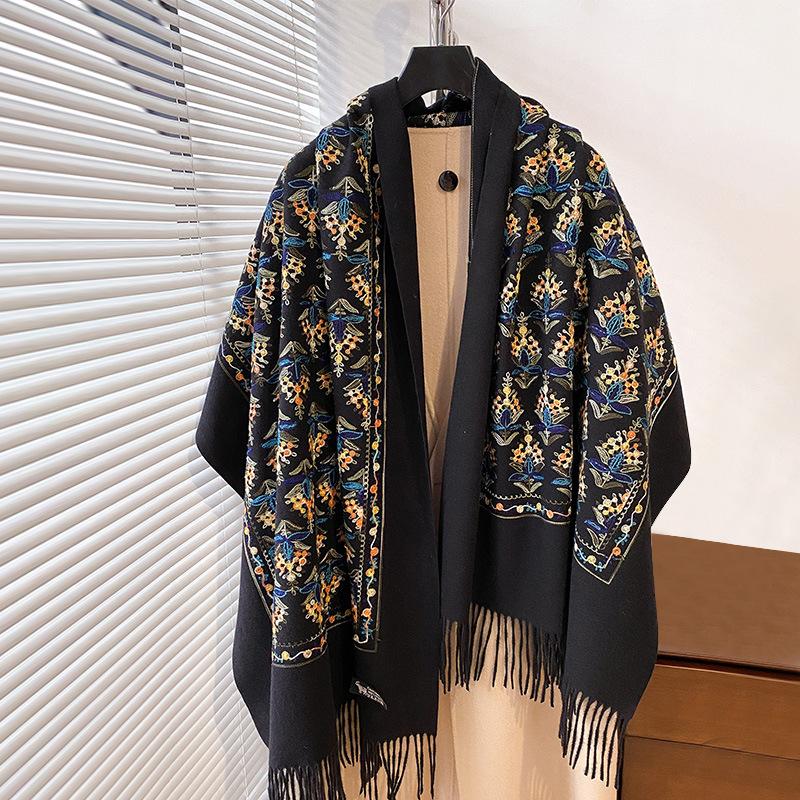 Winter Warm Cashmere Scarf for Women Floral Embroidery Pashmina Blanket Thick Shawl Wrap Neckerchief Elegant Poncho Bufanda