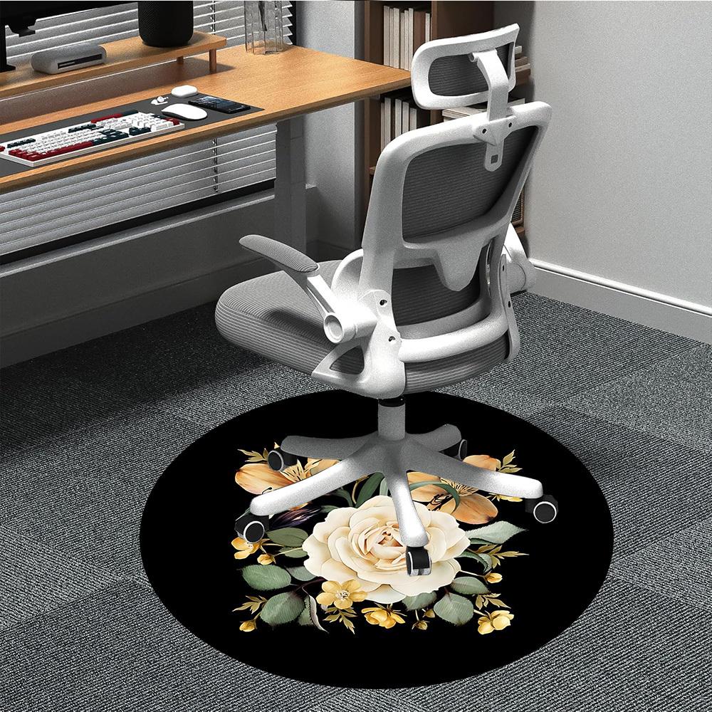 1pc Cream Rose Arrangement Chair Carpet for Office, Round Non-Slip Durable Large Size Office Carpet, Suitable for Office, Beautiful Decoration