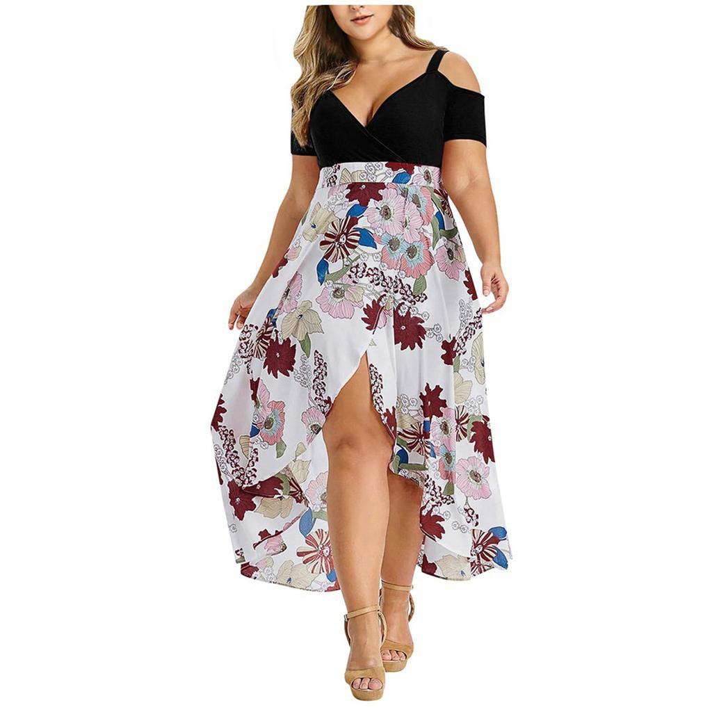Women's Plus Size Bbohemian Print Off-the-shoulder High-waist Irregular Dress