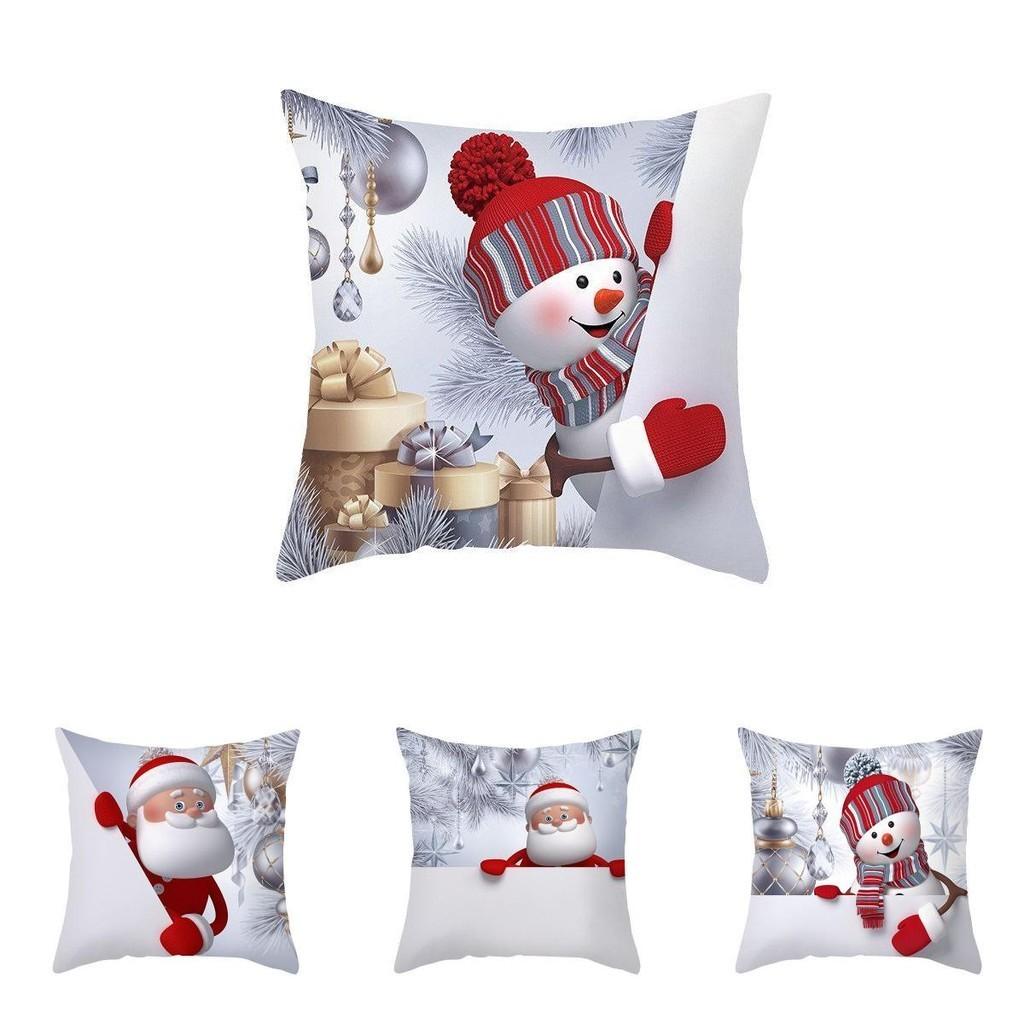 Delightful 18" Christmas Cushion Cover With Santa Claus And Snowman For Festive Sofa Decor