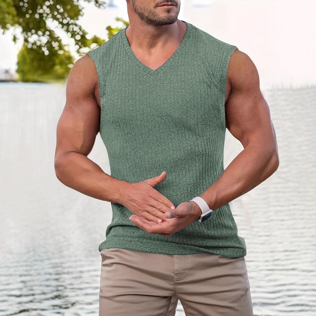 Summer Knitted Vertical Bar Fitness Sports Leisure Slim Fit Tank Top For Men Sleeveless Wide Shoulder Tank Top For Men