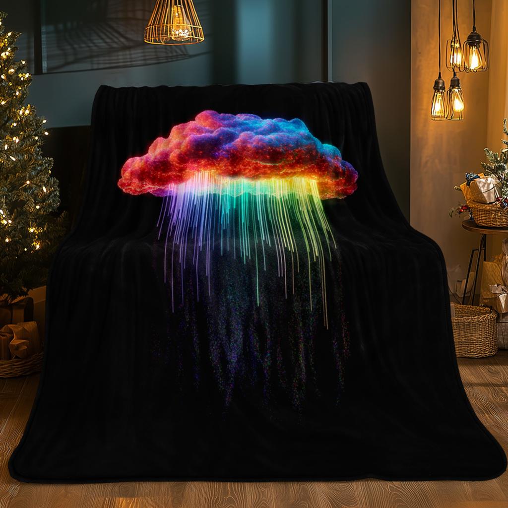 Modern rainbow cloud print flannel blanket - for beds, sofas, offices, travel, decor, chairs, and as a holiday gift for friends