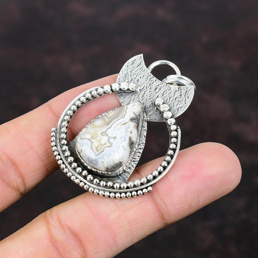 Mexican Laguna Lace Agate Pendant 925 Sterling Silver Pendant Handmade Boho Jewelry Wonderful Gemstone Pendant Gift For Mom Designer Pendant