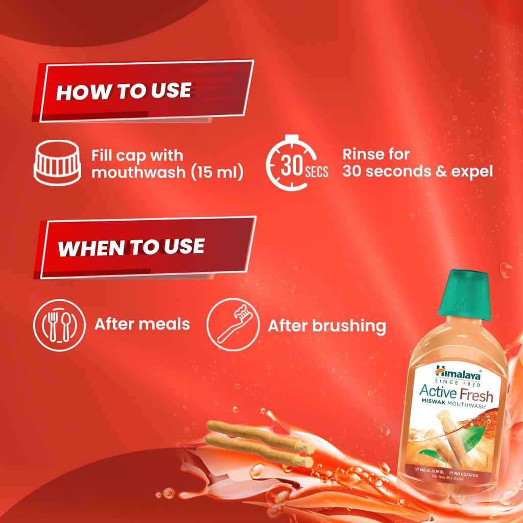 Himalaya Active Fresh Miswak Mouthwash 215ml Alcohol-Free Plaque Prevention Fresh Breath