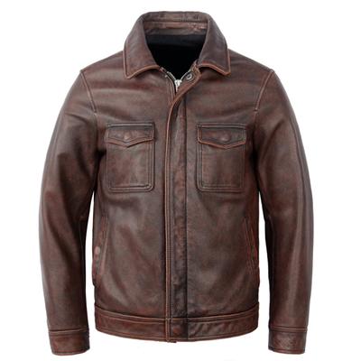 Vintage Red Brown Men Leather Jacket Genuine Cow Slim Casual Male Coat Spring Autumn