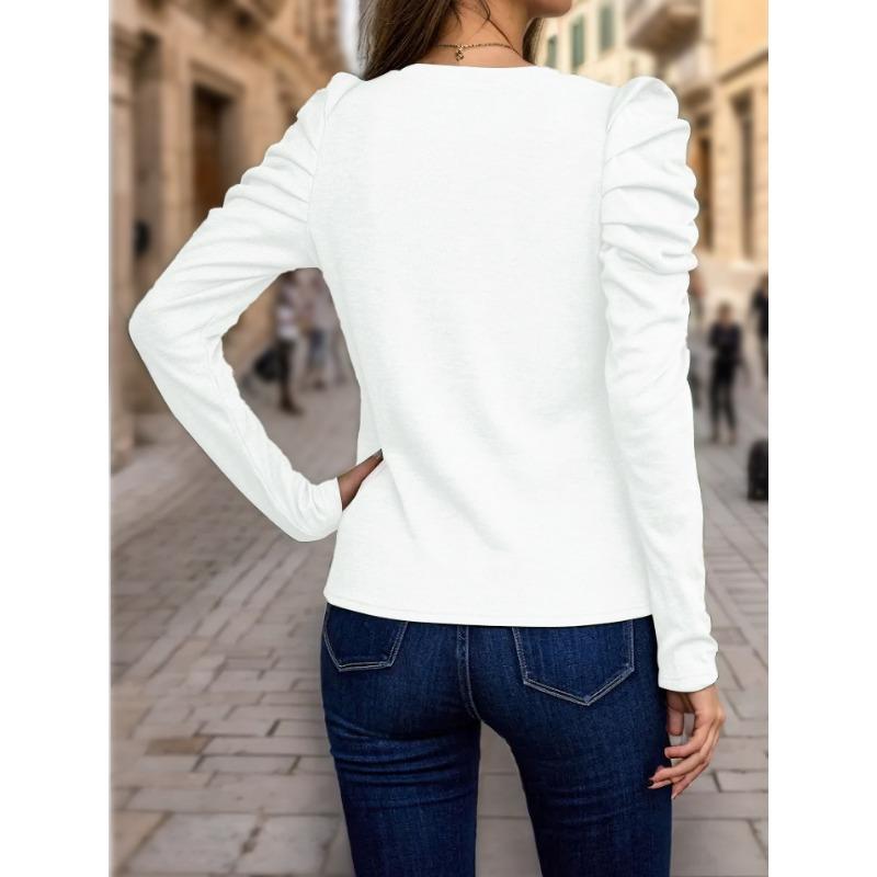 Women S Long Sleeve Puff Sleeve Crew Neck Solid Color Casual T Shirt