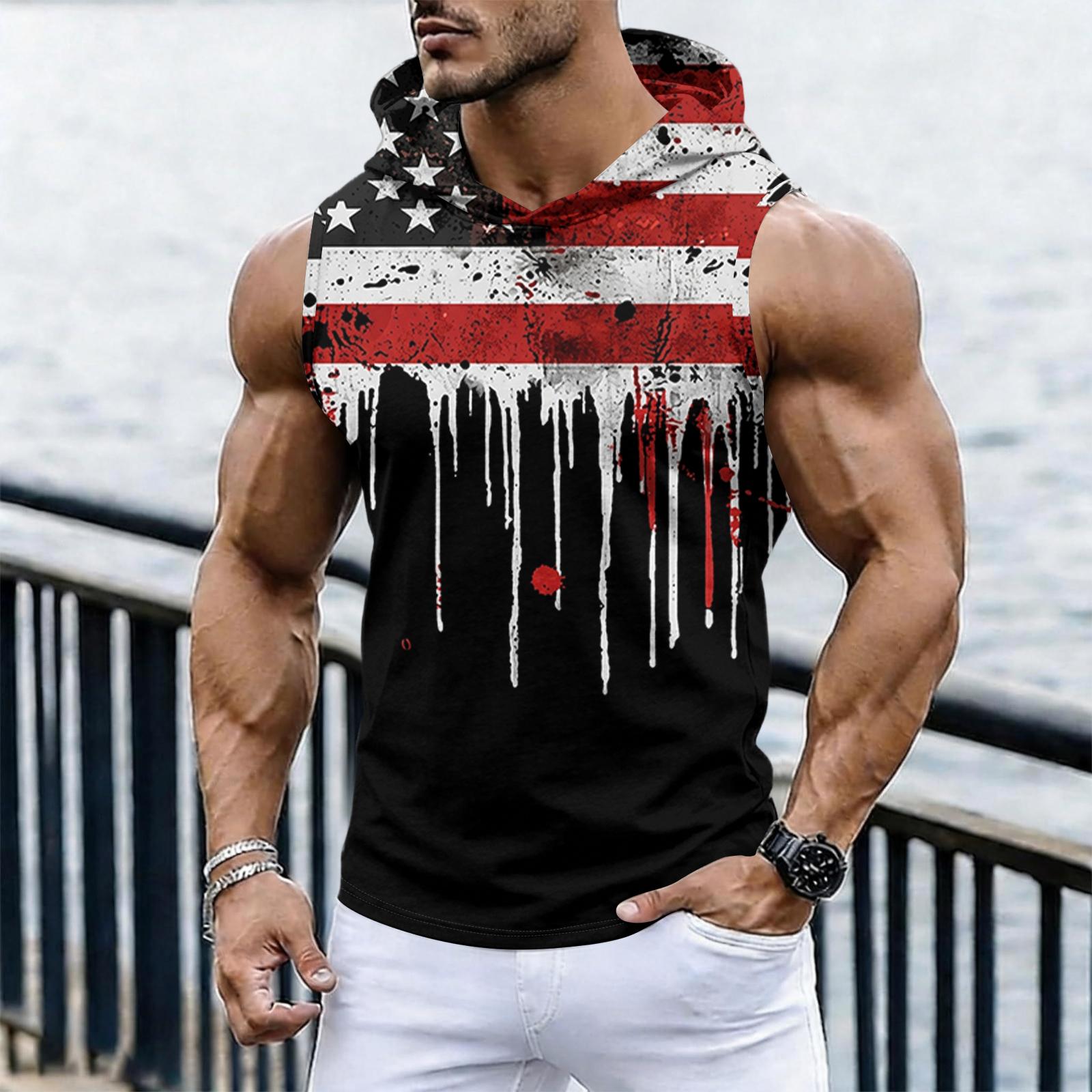 

Sleeveless Hooded Shirt for Men with Abstract Flag Print Lightweight Pullover Athletic Tank Top Casual Summer Wear L чёрный