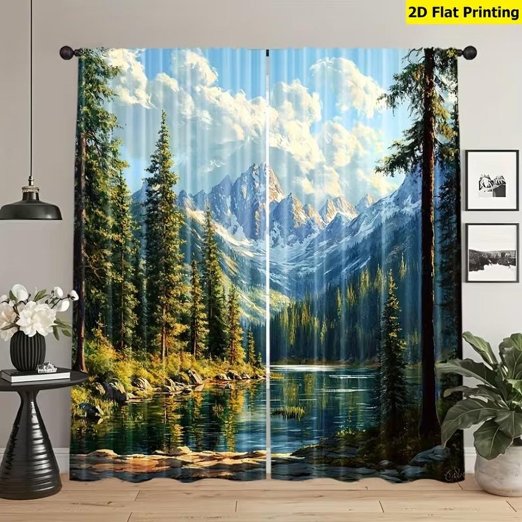 2 Bright Mountain & Lake Landscape Curtains Machine Washable Peaceful Woods River Snowy View Polyester Material for Home Decor