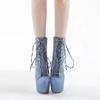TheNewSexy Cross Lace Up Platform Boots For Women Blue Denim Round Toe Zip Party Club Pole Dance Super High Heels Stiletto Shoes