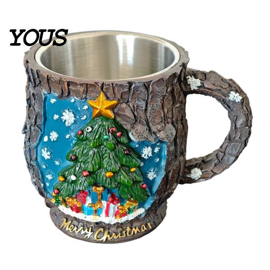 Durable Resin Cup Christmas Themed Coffee Mug, 3D Santa Claus/Snowhouse/Reindeer/Socks/Christmas Tree/Snowman Design, Party Drink Supplies Stainless