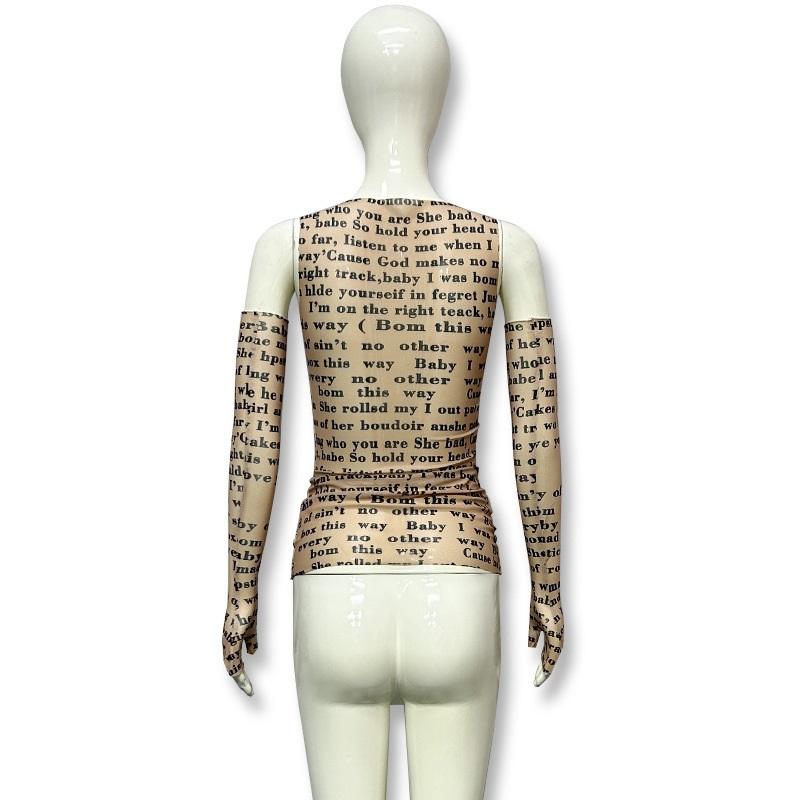 Tooxika Women's Round Neck Pullover Mesh Letter Print Sexy See-through T-shirt