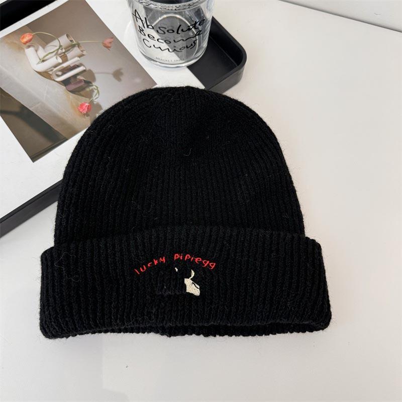 Knitted hat women's ins tide with letters small leather label warm pullover hat autumn and winter thin street ear protection cold hat
