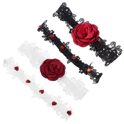 Stretch Rhinestones Lace Embroidered Stretch Garter Lace Leg Ring Set Red Rose Flower Garters