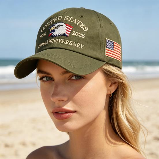 Czapka z daszkiem, Vintage przetarty styl, Spłowiała dżinsowa czapka, 250. Rocznica 1776-2026, Haftowana patriotyczna czapka typu Dad Hat, Regulowana oddychająca czapka outdoorowa