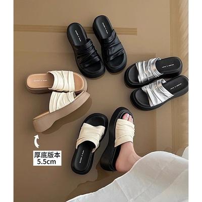 Wrinkled Leather Thick-soled One-word Slippers Women's 2025 Summer New Versatile Casual Outer Wear Muffin Sole Heightening Sandals