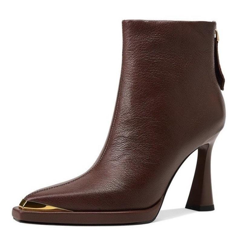 Fashion Fine Heel Single Boots Autumn New Metal Pointed Toe Rear Zip Anti-Slip Wear-Resistant High Heel Boots