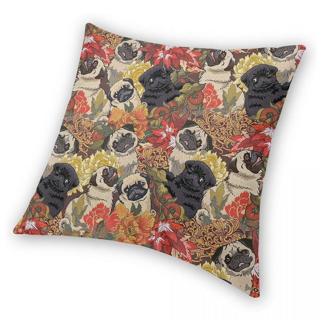 Pugs Autumn Flower Pillowcase Polyester Linen Velvet Creative Zip Decorative Pillow Case Sofa Seater Cushion Case