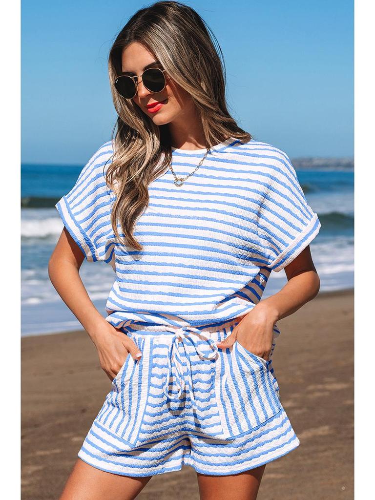 2025 Spring/Summer Women's Knit Drawstring Short-Sleeved Two-Piece Casual Set - European & American Fashion