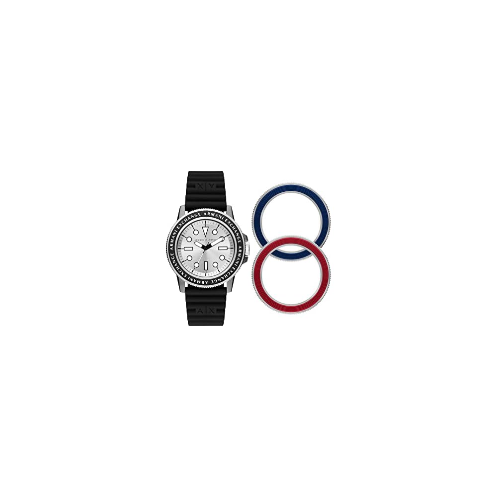 Armani Exchange Three-Hand Black Silicone Watch and Top Ring Gift Set