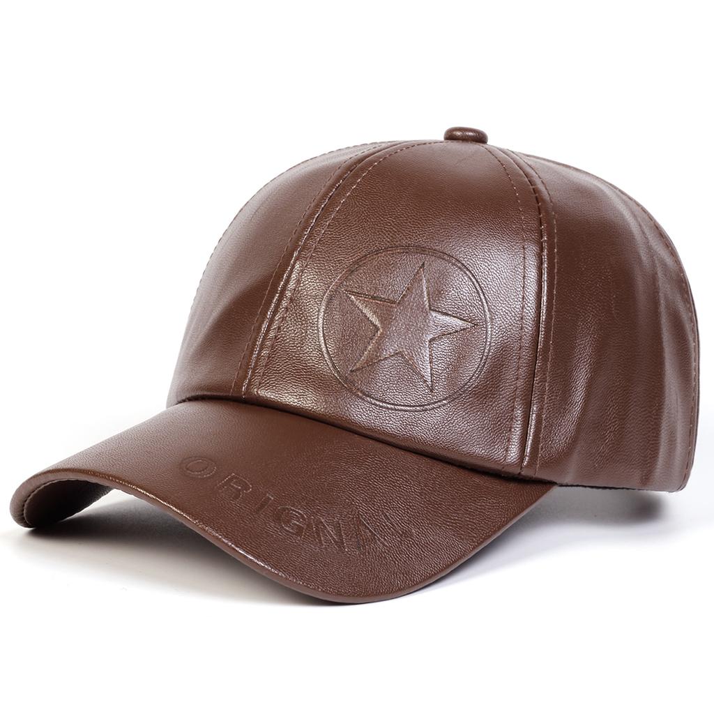 Unisex Letter Pentagram Imprint Embroidery Adjustable Pu Leather Baseball Hat Windproof and Warm Caps Spring Autumn Outdoor Sport Travel for Women Men