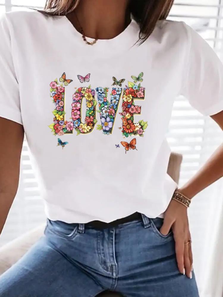 (Asian Size) Clothing T Shirt Woman Women Sweet Flower Floral  Fashion Tee Top Print Female Short Sleeve Graphic T-shirts