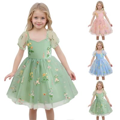Girls Fashion Bubble Sleeve Princess Dress Sweet Flower Embroidery Mesh  Dresses