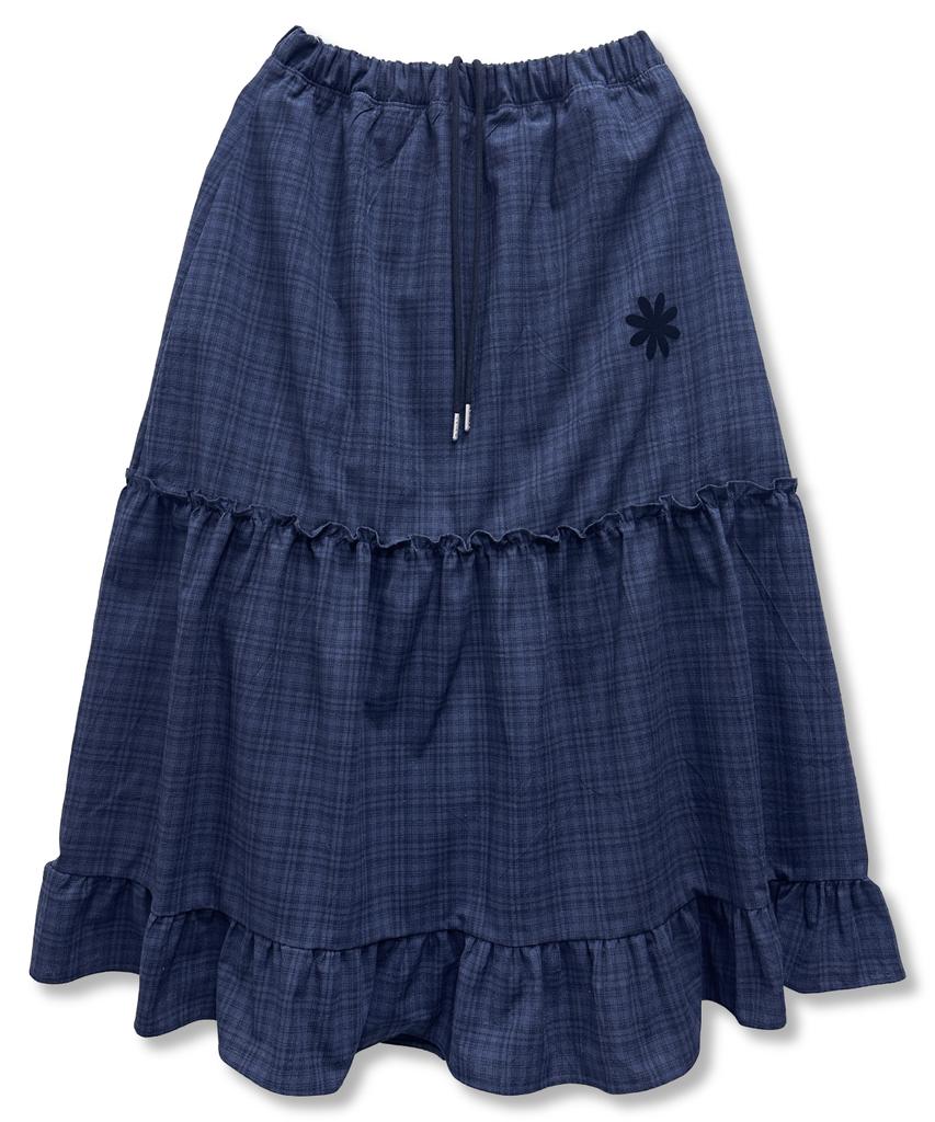 Damiswi Vintage Check Frill Long Skirt_Blue