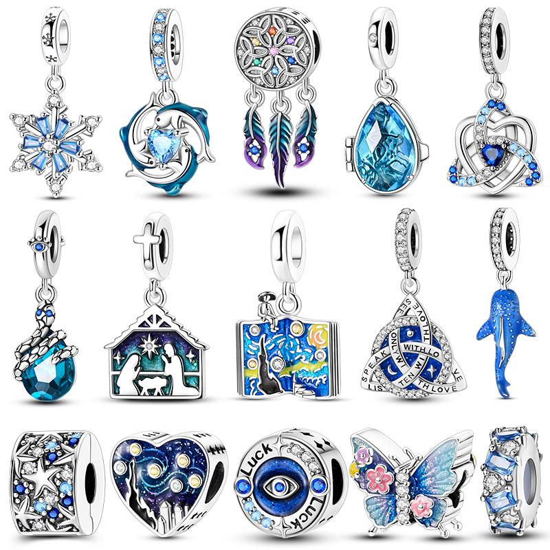 Charms Original 925 Silber Blaue Perlen Passend für Armband Anhänger DIY Für Frau Feinschmuck