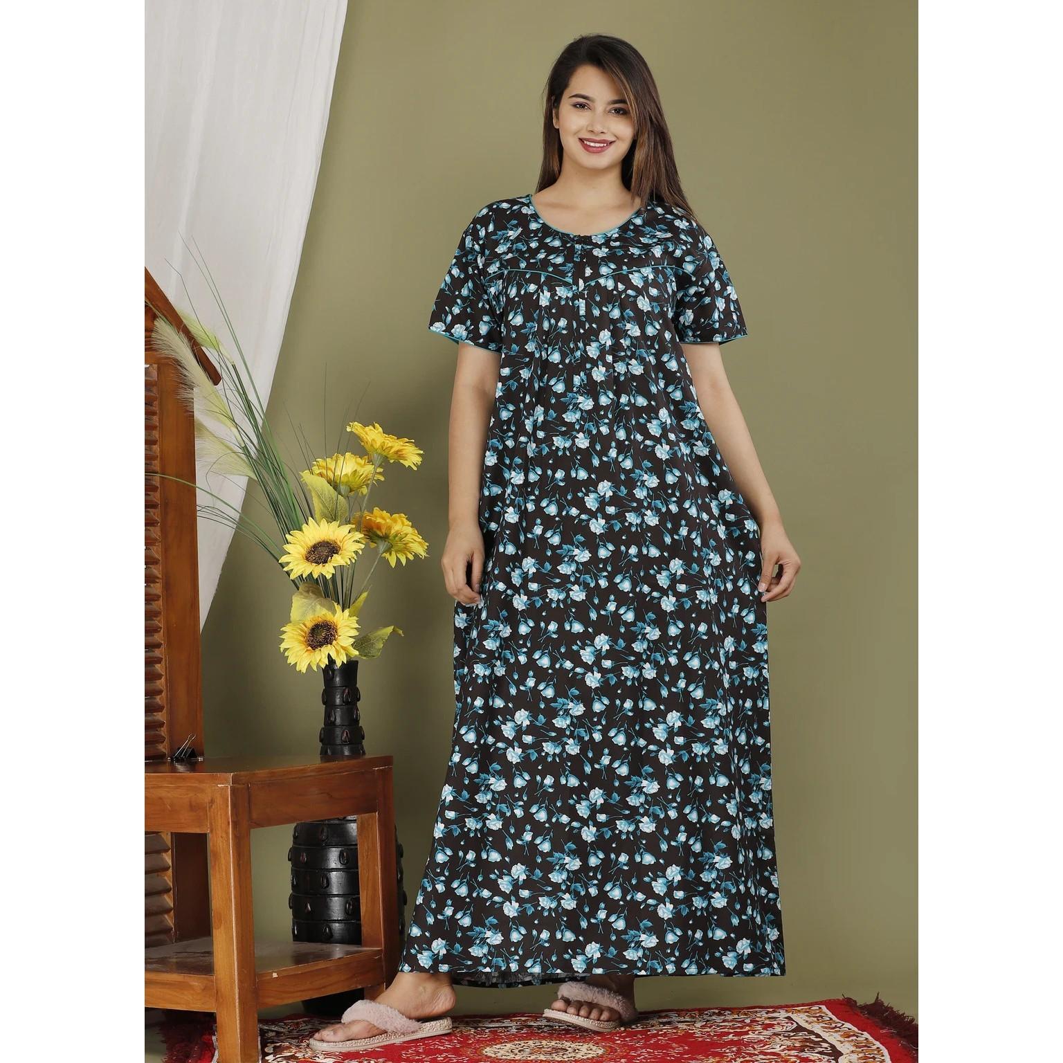 Beautiful Printed Cotton Sleepwear Night Gown Indian Women Nightwear Maxi Nighty Free