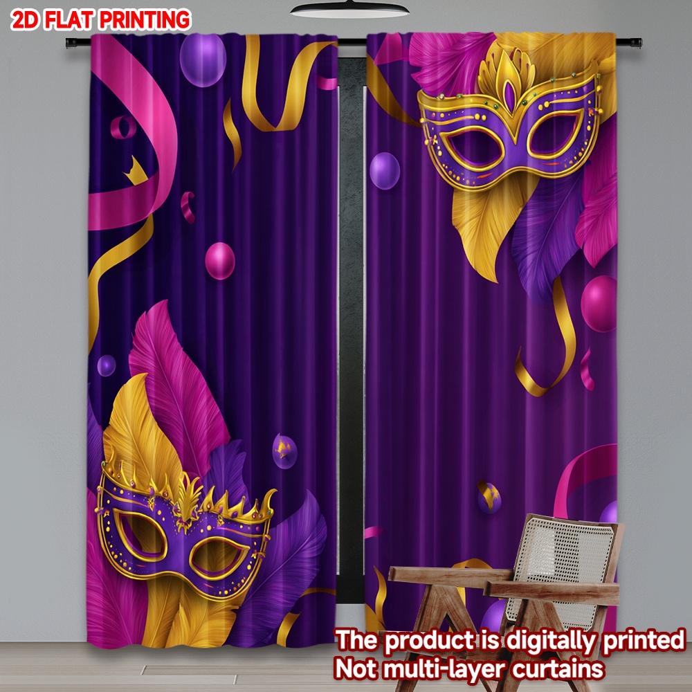 2D flat printing 2pcs Curtain Curtain Mardi Gras Festive Mask Digital Printed Polyester Drapes Party Decorations Perfect for All