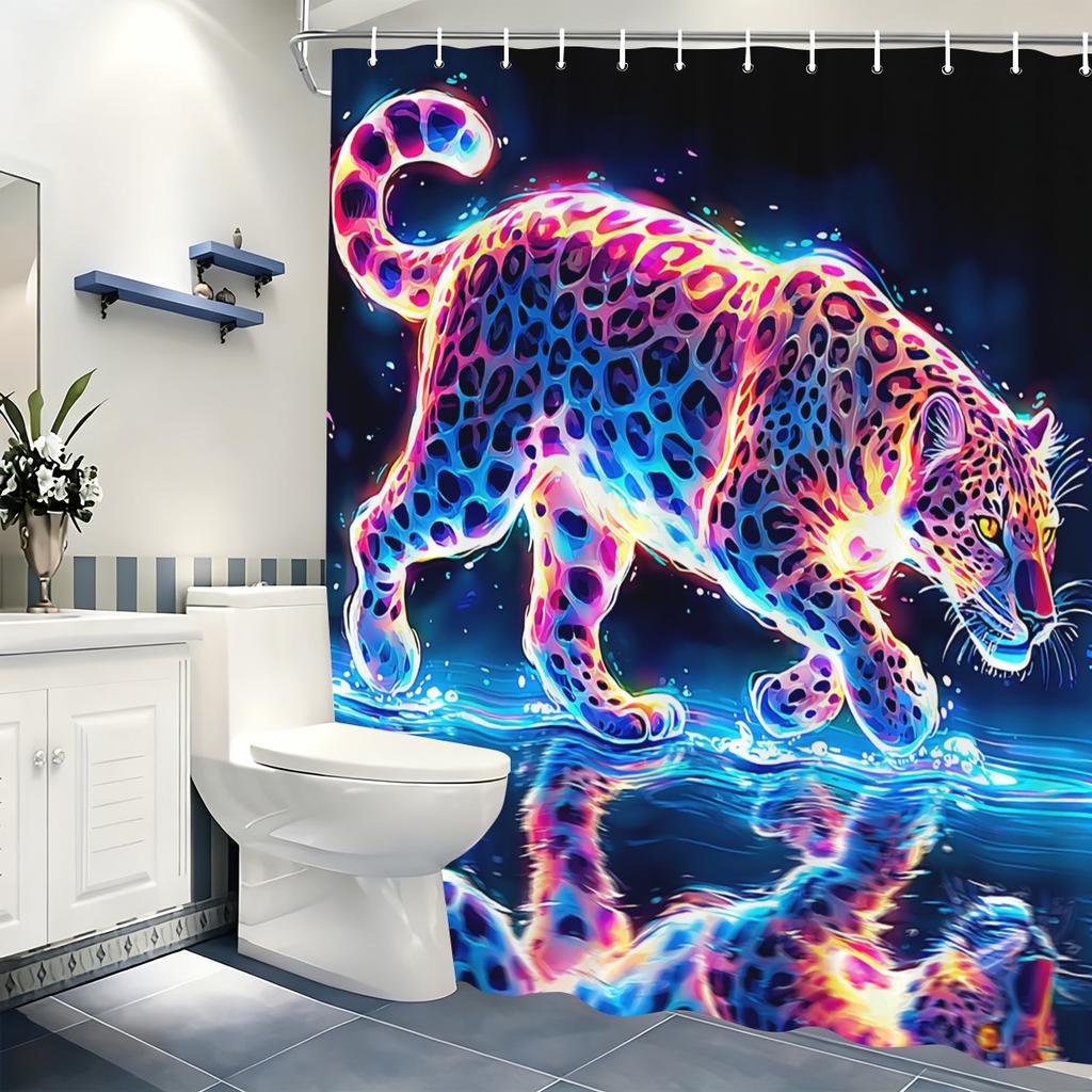 Vibrant Neon Leopard Pattern Polyester Shower Curtain - Striking Forest Scene Bath Decor, Stylish Bathroom Partition Curtain