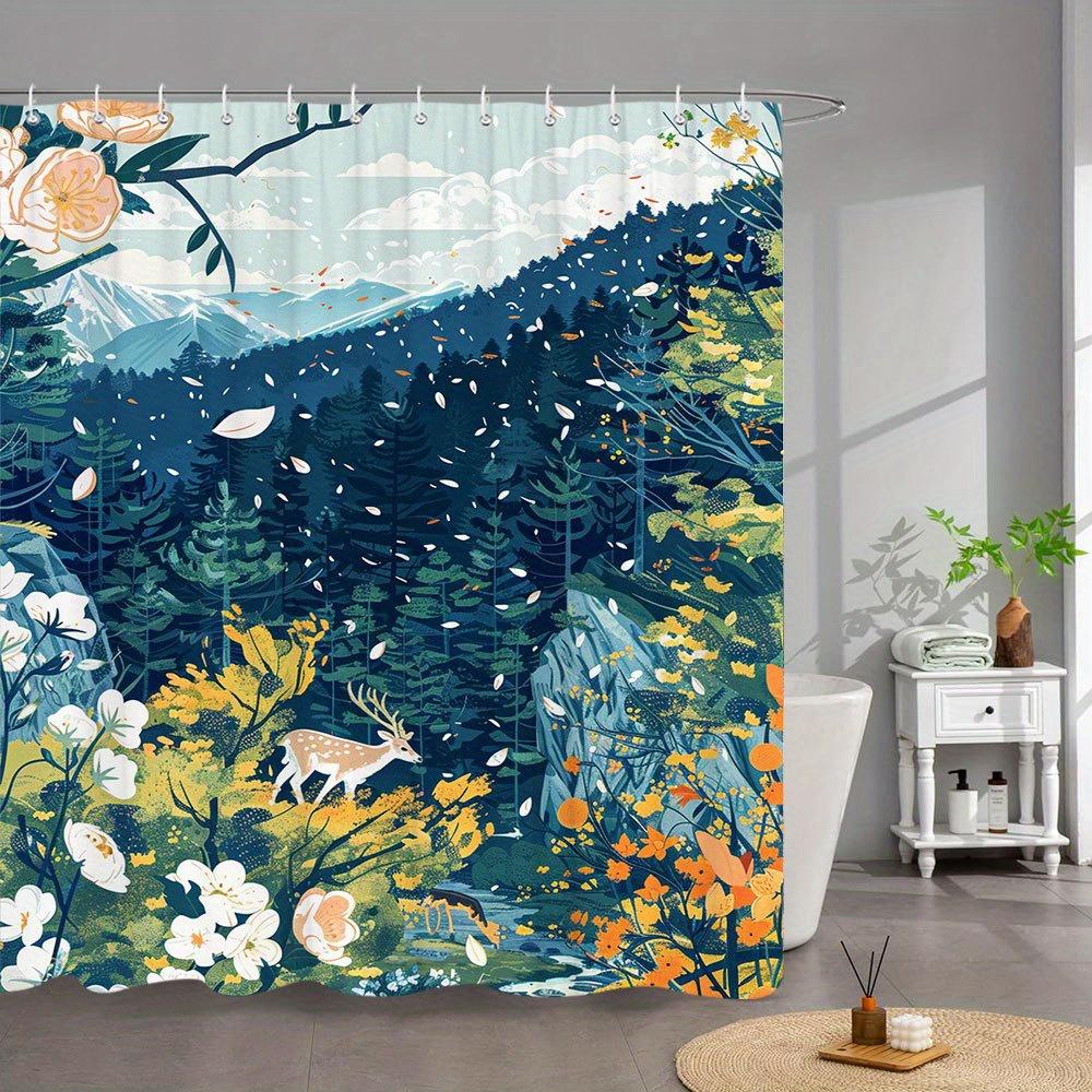 Forest Deer & Flowers Waterproof Mildew-Resistant Shower Curtain - Nature-Inspired Design for a Serene Bathroom Décor