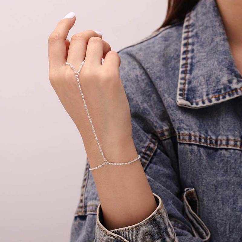 Elegant Tiny Chain Bracelet Finger Ring for Women Fashion Gold Color Metal Link Chains Connecting Hand Harness Bracelets Zircon