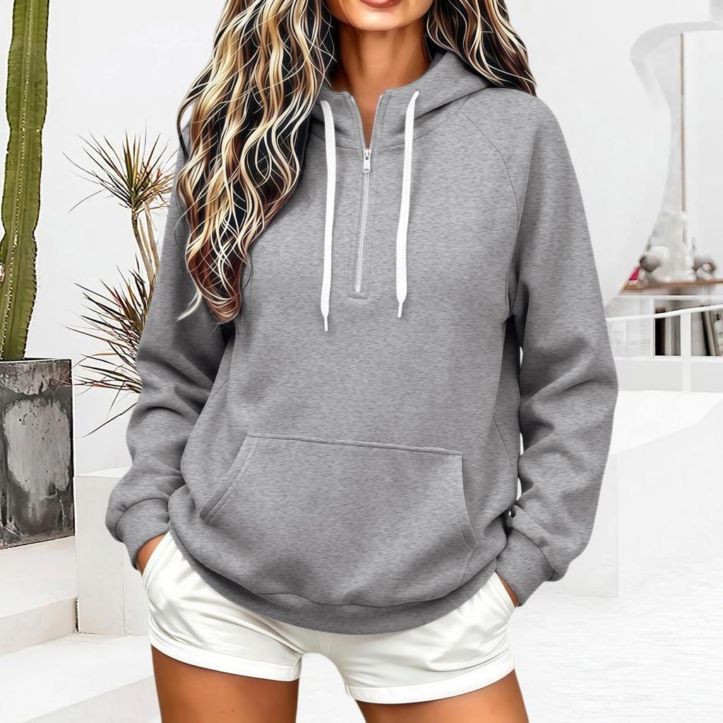 Women's Half Zip Hooded Sweatshirt Loose Fit Long Sleeve Color Casual Pullover