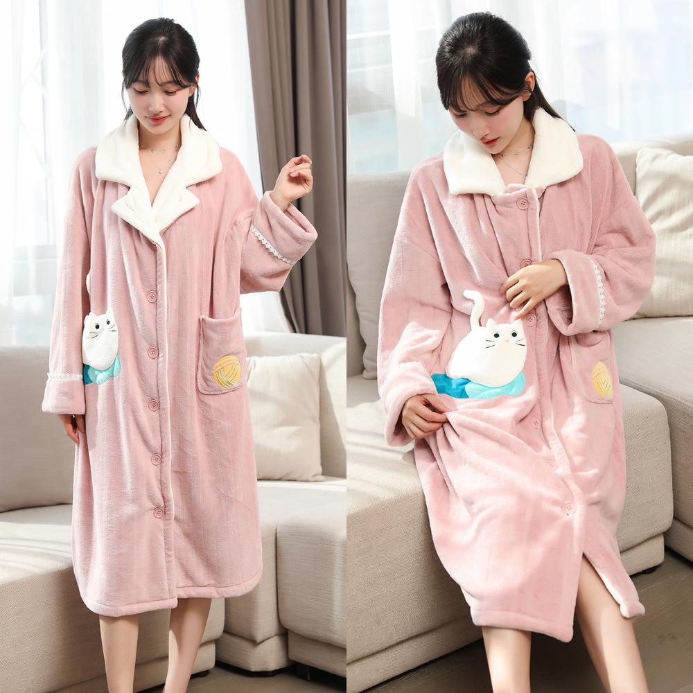 Women's Thick Flannel Long Sleeve Bathrobe - Autumn/Winter 2023