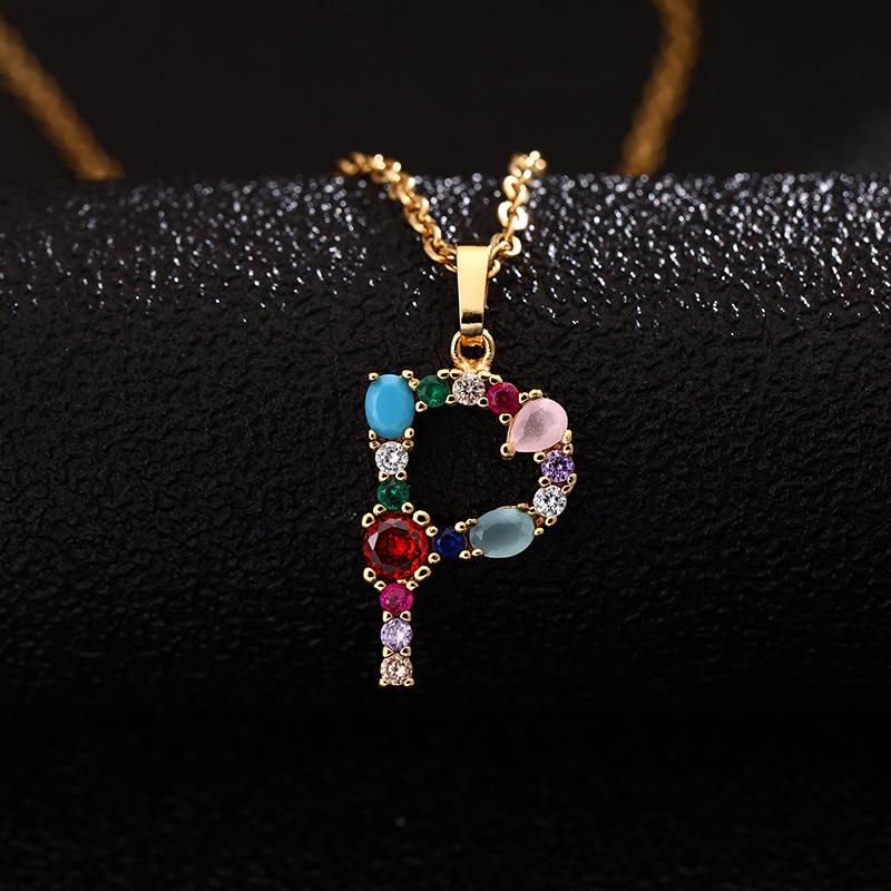 Colier de cupru pentru femei, cu 26 de litere, cu zircon colorat, agat și lanț din oțel inoxidabil