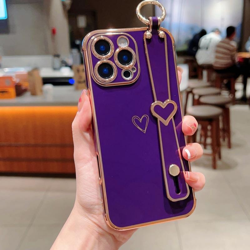 Electroplating Love Applicable iPhone17promax Hollow Love Wrist Strap Apple 16 Bracket Protective Cover 15 Soft