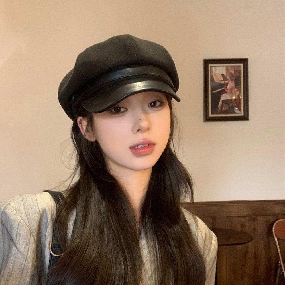 Casual Solid Color Octagonal Cap Windproof Warm Newsboy Hat Adjustable Beret